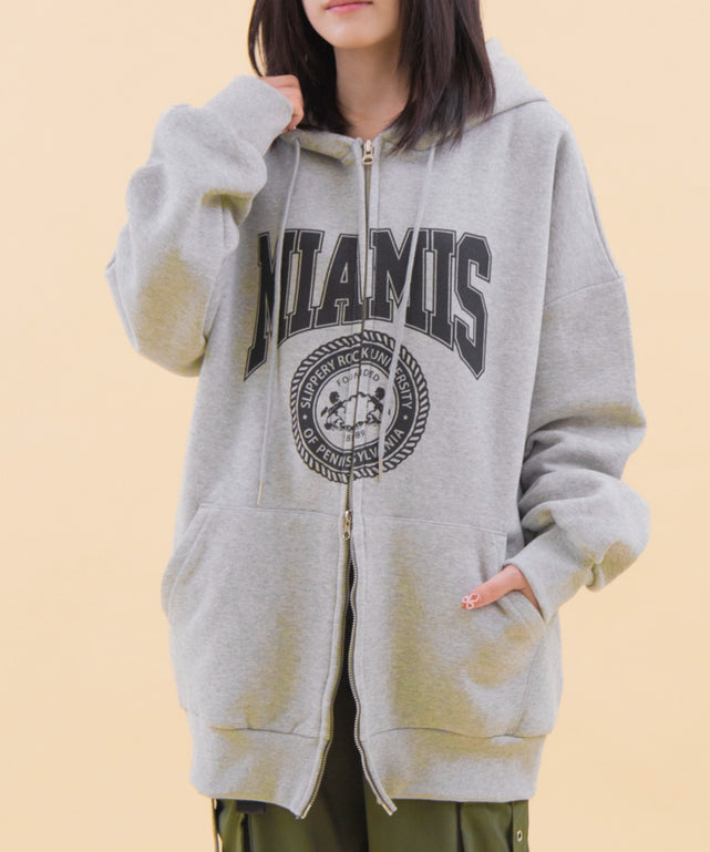 カレッジビッグジップパーカー/杢グレー モデル：147cm F着用
