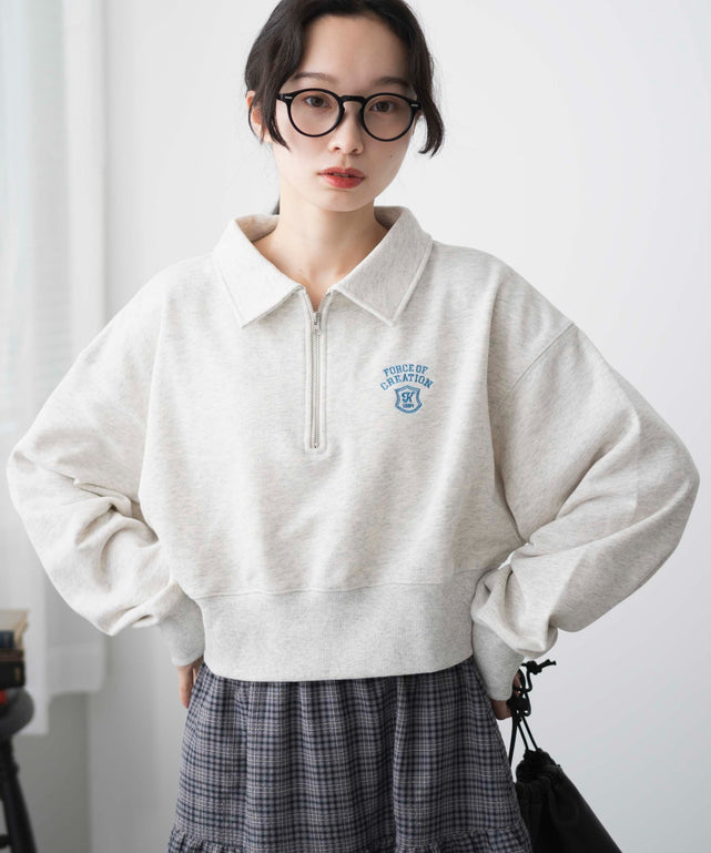 ハーフZIP襟付きショートスウェット/杢グレー　モデル:161cm  F着用