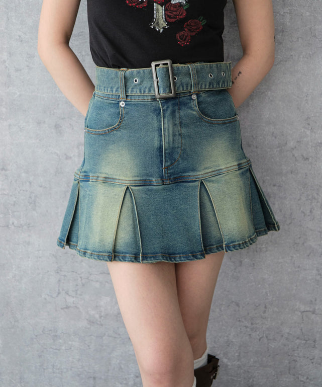 ベルト付デニムプリーツスカパン/デニム中濃加工 モデル：159cm F着用