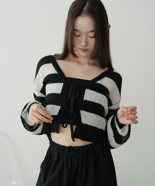 モヘアタッチ2WAYリボンカーデ/ホワイトボーダー　モデル：163cm F着用