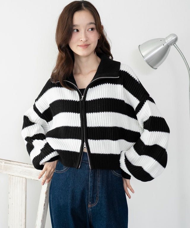 ダブルジップショートニットブルゾン/ブラックボーダー　163cm F着用