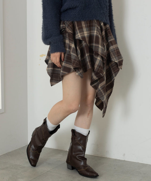 アシンメトリーチェックミニスカパン/ブラウン　モデル：163cm F着用