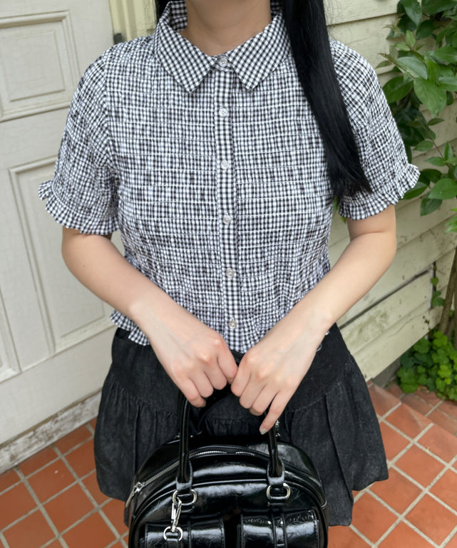 ギンカムチェックシャーリングシャツ/ブラックチェック1　モデル:155cm F着用