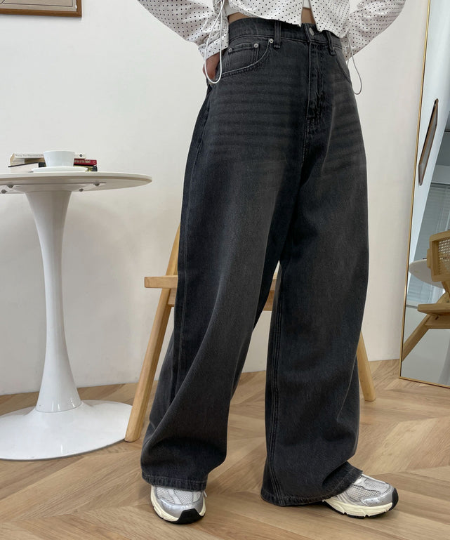 サマーデニムルーズワイドパンツ/デニムブラック モデル：157cm M着用