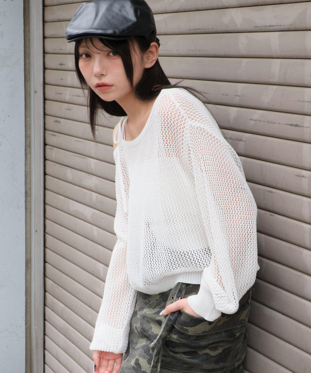 2WAYオフショルメッシュニット/ホワイト モデル：159cm F着用