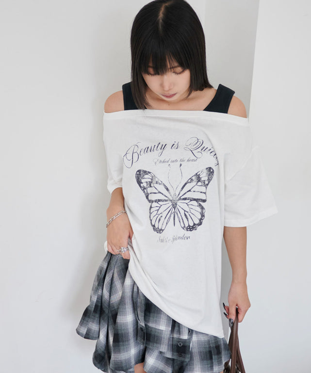 タンクレイヤード風オフショルBIGT/ホワイト モデル：160cm F着用