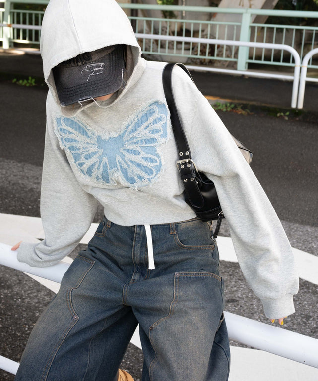 ヴィンテージウォッシュバタフライショートパーカー/杢グレー　モデル:155cm F着用