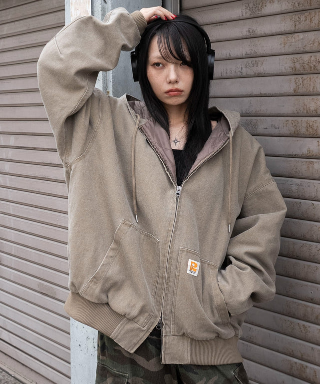 ワーカーズキルトフードブルゾン/ベージュ　モデル：159cm F着用
