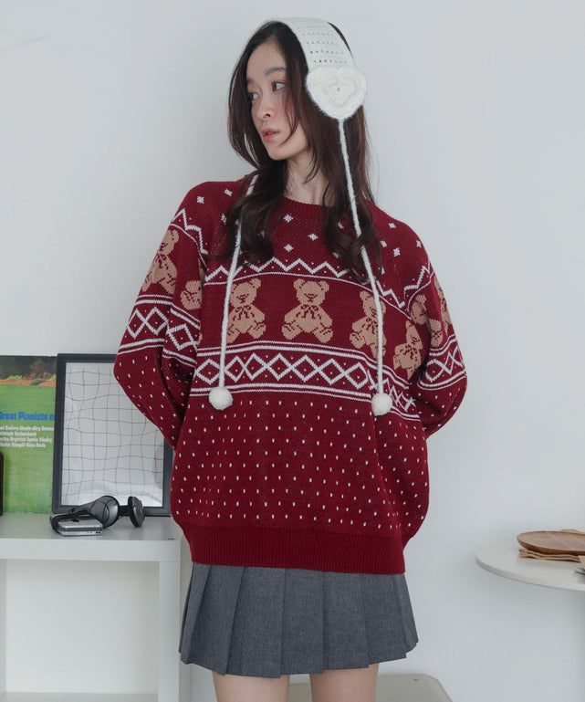 ノルディックベアニットプルオーバー/ワイン　モデル：163cm F着用