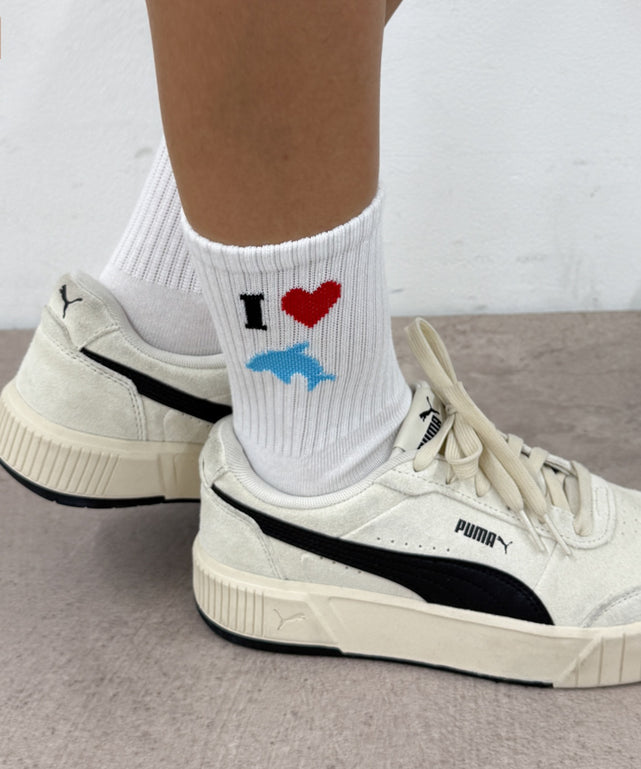 ILOVEモチーフソックス(23-25cm)/柄1:イルカ(ホワイト)