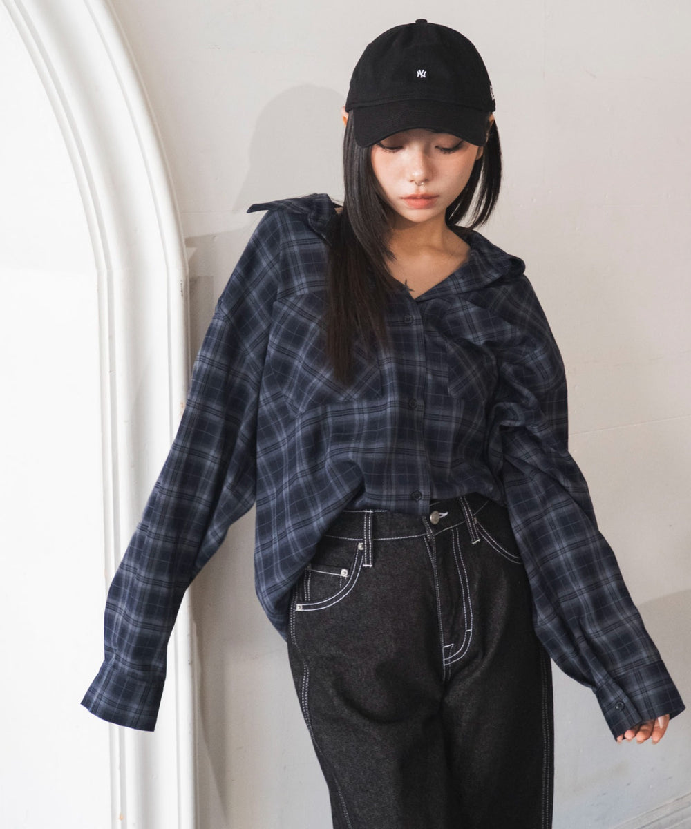 ブルーチェック１　モデル：159cm F着用