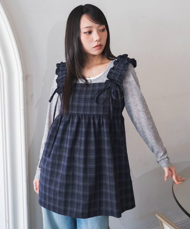 ギャザーリボンチュニック/ブルーチェック１　モデル：159cm F着用