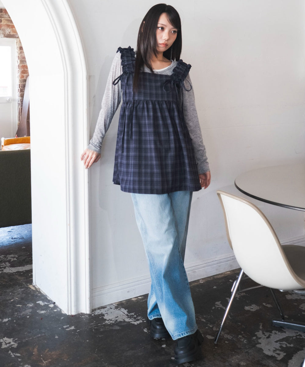 ブルーチェック１　モデル：159cm F着用