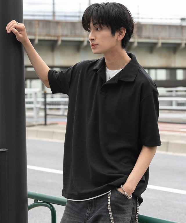 フェイクレイヤードニットポロシャツ（SS）/ブラック モデル：180cm L着用