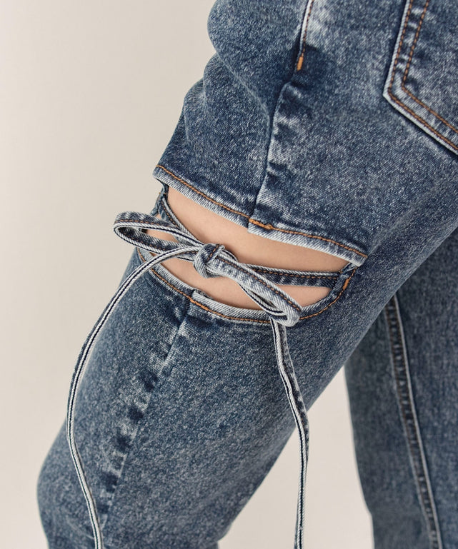 カットアウトリボンストレッチフレアデニムパンツ