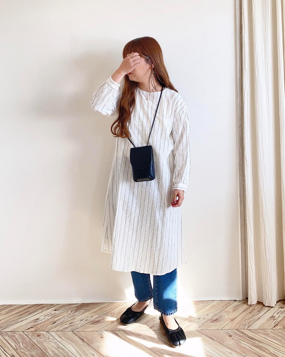 クルーネックストライプシャツワンピース