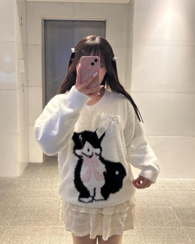 Vネックシャギーcatニット