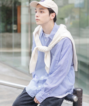 ブルー系ストライプ　モデル：175cm L着用